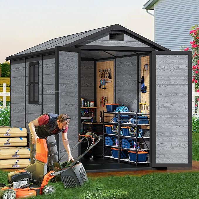 8.7x5.5 FT Resin Outdoor Storage Shed with Floor, Weather-Resistant Plastic Garden Shed with Windows, Lockable Door and Vents, Outside Tool Storage Sheds for Backyard, Garden, Patio, Lawn, Wood Grain