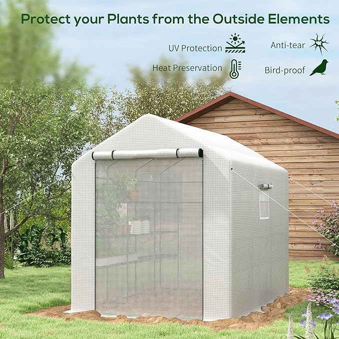 Outsunny 8' x 6' x 7' Walk-in Greenhouse with Mesh Door and Windows, 18 Shelf Green House with Trellis, Plant Labels, UV Protective for Growing Flowers, Herbs, Vegetables, Saplings, White