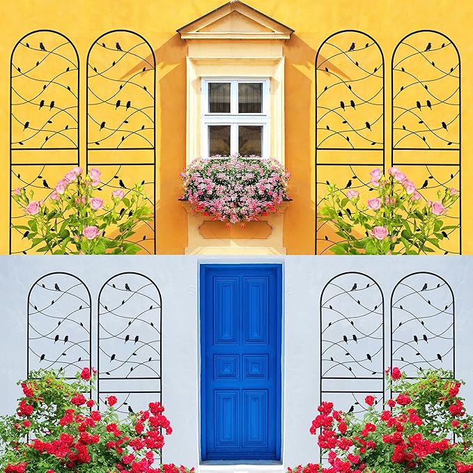 4 Pack Metal Garden Trellis 71" Tall Outdoor Climbing Plant Support for Roses, Flowers, Rustproof Durable Black Galvanized Tube, Lawn Garden Fence Decor Screen (4, Black birds-71 H)