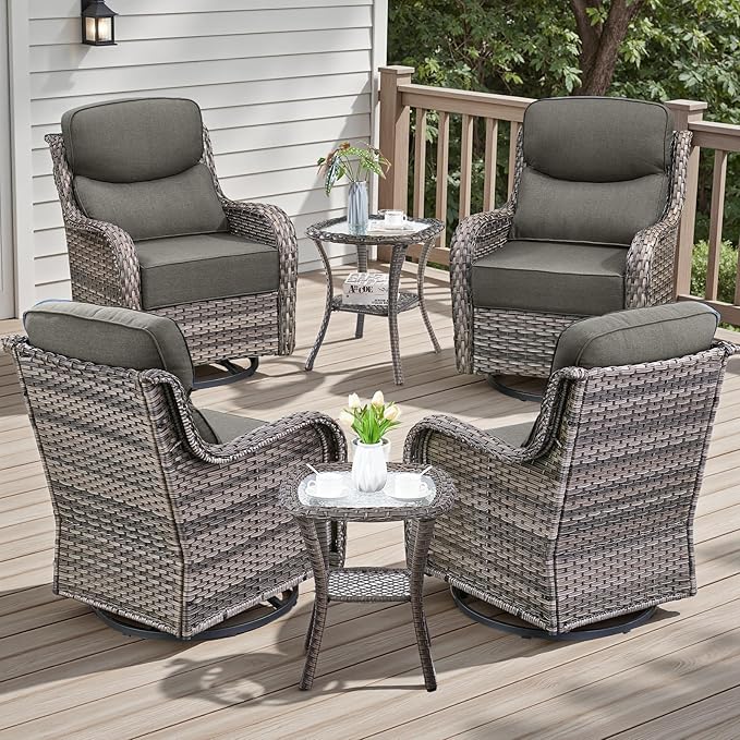 6 Piece Outdoor Patio Swivel Rocker Chairs, Waterproof Wicker, High Back, Deep Seating, Wide Armrest, Upgraded 6 inch Thick Cushions, Side Table, Ideal for Deck Porch Yard, Mixed Grey/Grey
