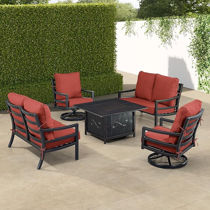 Oakland Living Black Aluminum Patio Fire Table Set with Two Deep Seating Loveseat with Cushions and Two Club Chairs with Red Cushions