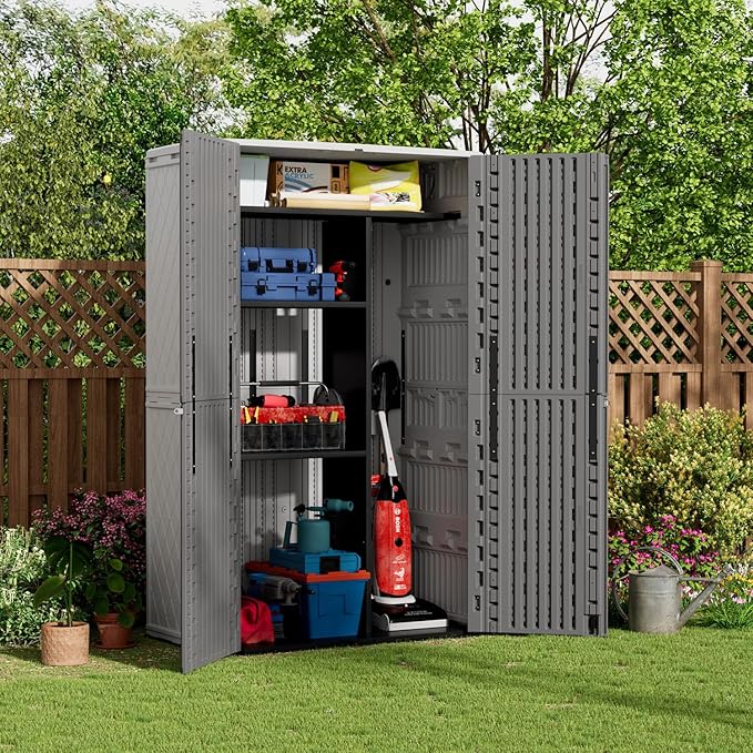 ZZM 67 Cuft Vertical Outdoor Storage Shed Diamond Texture Resin Outdoor Cabinet, 4x6 Sheds FT for Garden, Patio, Backyard, All-Weather Plastic Storage Clearance, Lockable with Floor (Grey-White)