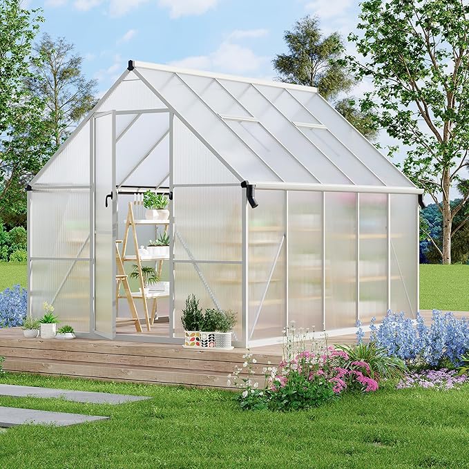 8'X10' Aluminum-Framed Polycarbonate Greenhouse, Heavy Duty Polycarbonate Greenhouse with Quick Setup Structure and Roof Vent, Large Enhanced Aluminum Greenhouses Kit for Outdoors