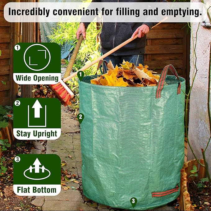 Gardzen 3-Pack 80 Gallon Yard Waste Bags, Reusable Heavy Duty Collapsible Garden Leaf Bags with Plastic Ring, Stand-Up Yard Waste Bin for Leaves, Lawn Debris & Grass Clippings