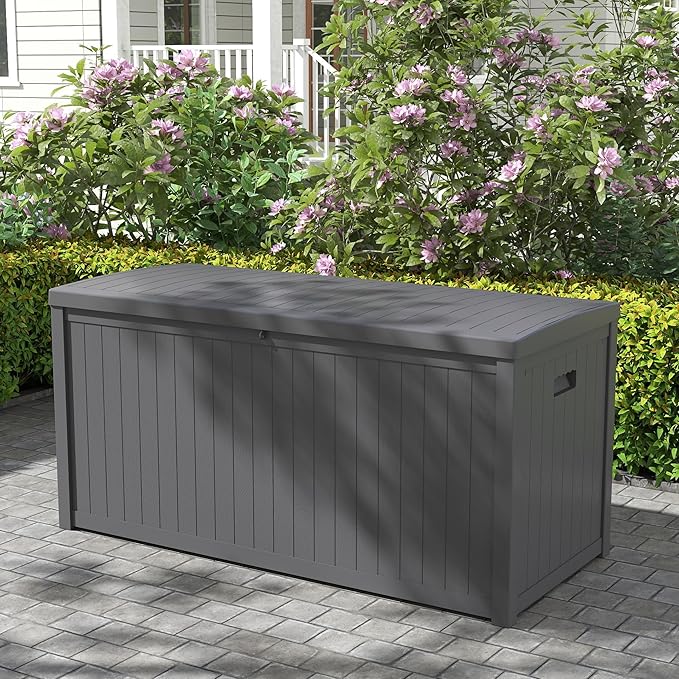 120 Gallon Resin Deck Box, Weatherproof Outdoor Storage Box for Patio, Garden, Pool, and Yard, Lockable Waterproof Bin for Tools, Cushions, and Accessories, Grey