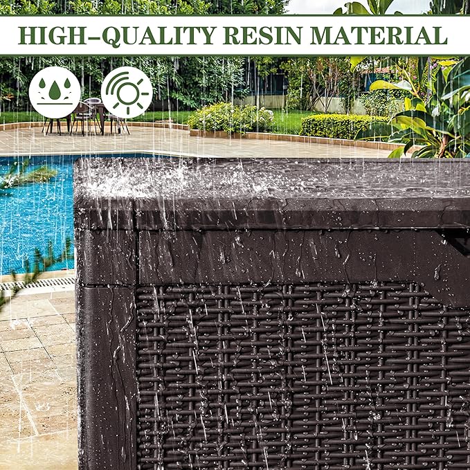 Greesum 100 Gallon Resin Deck Box Large Outdoor Storage, Imitation Rattan Weave Texture for Patio Furniture, Garden Tools, Pool Supplies, Weatherproof and UV Resistant, Lockable, Dark Brown