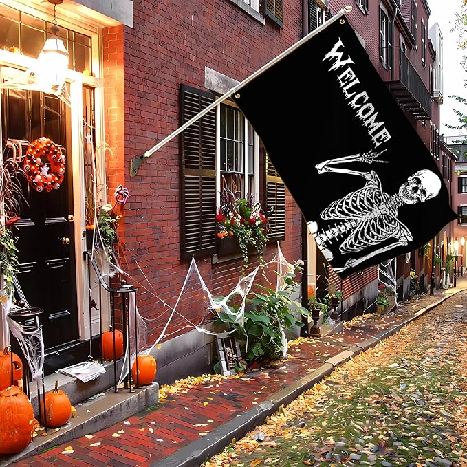 Halloween Flags for Outside 3x5 Ft Halloween Skull Flag Durable Polyester Double Sided Halloween Skeleton Flags for Indoor House Outdoor Yard Holiday Banner Signs Decorations