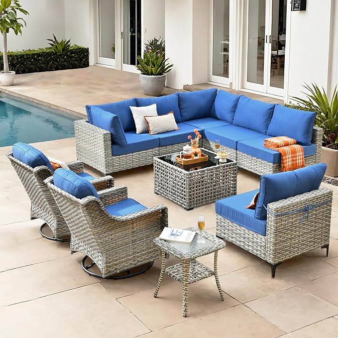 HOOOWOOO Outdoor Patio Furniture Set,10 Pieces Wicker Out Door Sectional Furniture L Shaped Couch,Patio Conversation Sets with Swivel Rocking Chair LED Table,Denim Blue