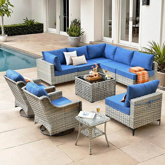 HOOOWOOO Outdoor Patio Furniture Set,10 Pieces Wicker Out Door Sectional Furniture L Shaped Couch,Patio Conversation Sets with Swivel Rocking Chair LED Table,Denim Blue