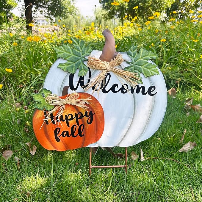 Morning View Stacked Pumpkin Garden Stakes Metal Welcome Yard Sign Happy Fall Decor Outdoor Autumn Yard Stake Art Pumpkin Lawn Ornaments for Patio Porch Thanksgiving Halloween Harvest 18.5 Inch