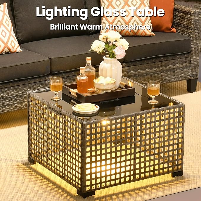 ovios 9 Pieces Patio Furniture Set, Outdoor Wicker Sofa Couch with Rocking Swivel Chairs Fire Pit Table, Modern Deep Seat Rattan Conversation Sets for Porch Deck, Black