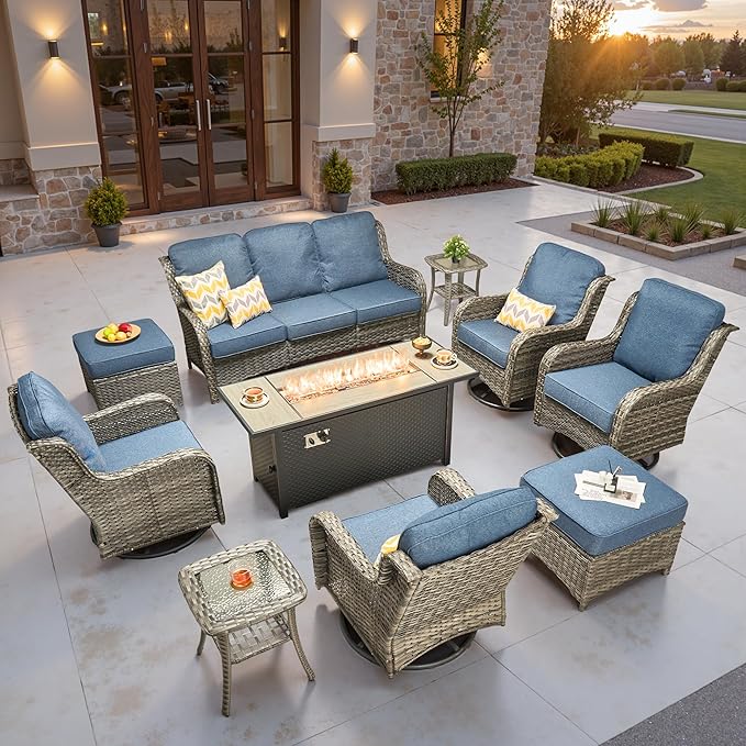 ovios 10 Pieces Patio Furniture Set, Outdoor Wicker Sofa Couch with Swivel Chairs 54" Fire Pit Table, All Weather High Back Modern Conversation Sets, Grey Rattan, Denim Blue