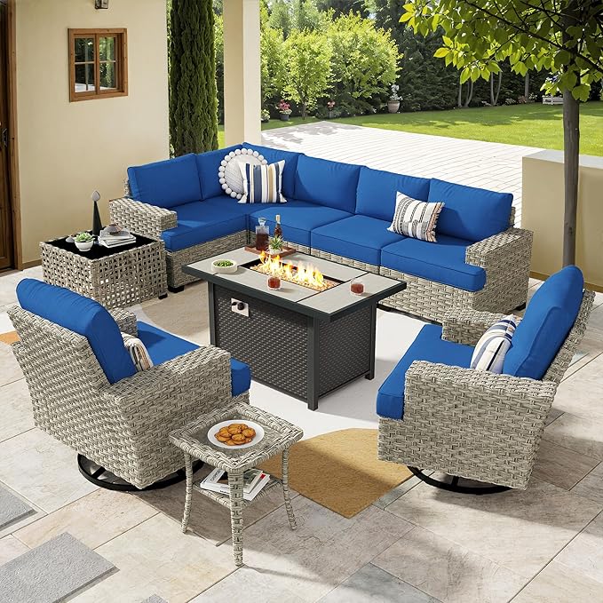 HOOOWOOO Outdoor Sectional Patio Furniture Set with Fire Pit Table,10 Pieces Wicker Conversation Sets L Shaped Couch,Extra Deep Out Door Sofa Outside Furniture with Swivel Chairs,Navy Blue
