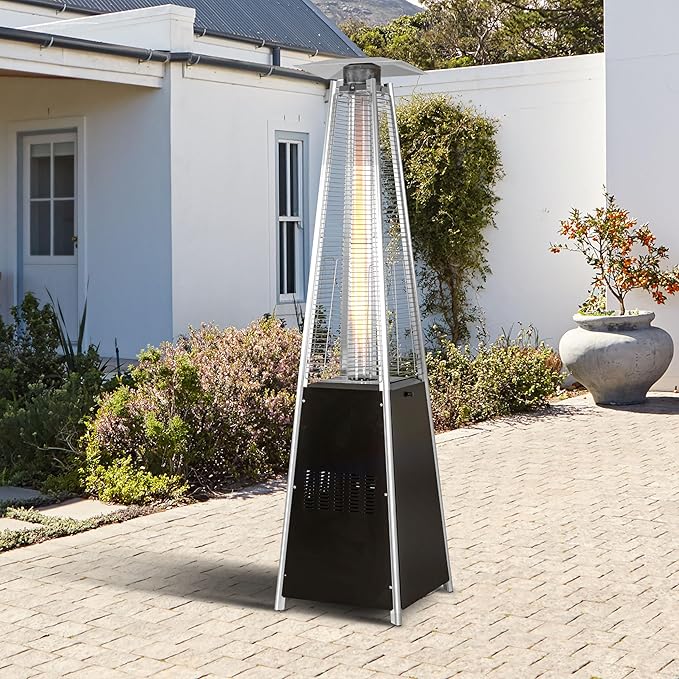 Nuu Garden 48,000 BTU Pyramid Patio Heater, Outdoor Propane with Quartz Glass Tube and Wheels, Hammered Bronze Tower for Terrace and Garden, Black