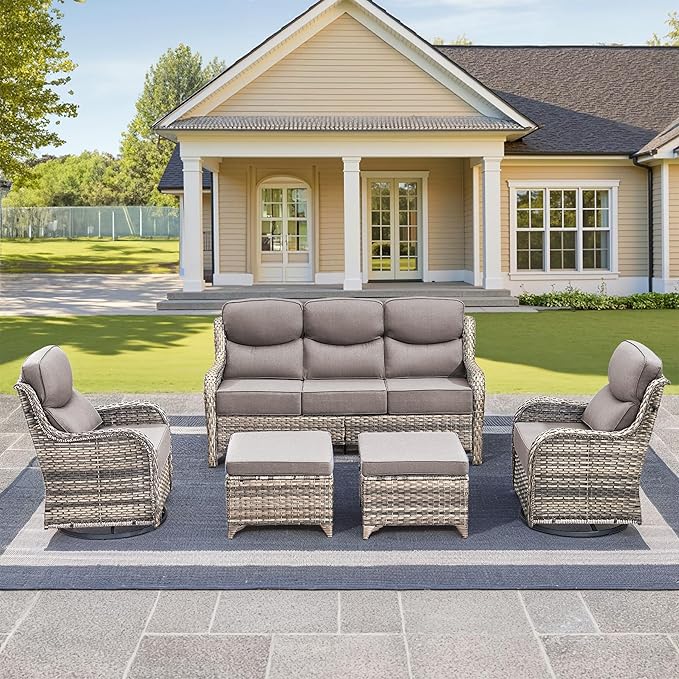 Luxury High Back Outdoor Furniture with 6-Inch Thick Cushions, Patio Furniture Set with Swivel Chairs, 5 PCS Wicker Conversation Set for Porch, Balcony, Deck and Yard