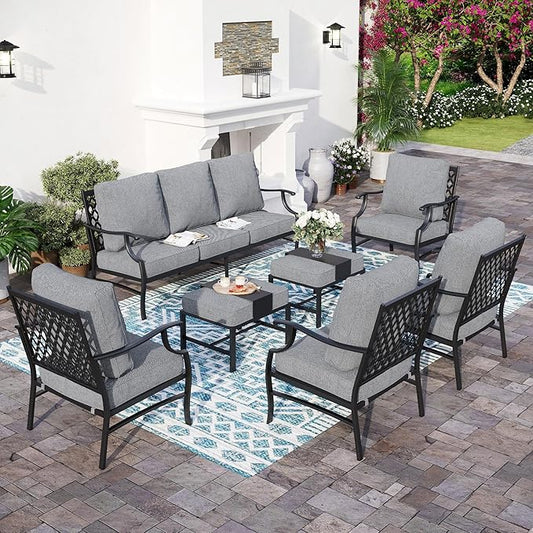 7 Piece Metal Outdoor Patio Furniture Set, Patio Conversation Sets 1 3-seater Sofa, 4 Fixed Chair, 2 Ottomans with 5.75" Thick Cushion, Black All-weather Frame Backyard Furniture, Gray