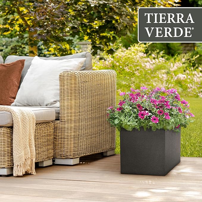 Tierra Verde Indoor & Outdoor Self-Watering Square Planter, Citadel Horizon, 13.5" x 14", Black - Planting Containers for Plants and Flowers - Gardening and Landscaping Accessories