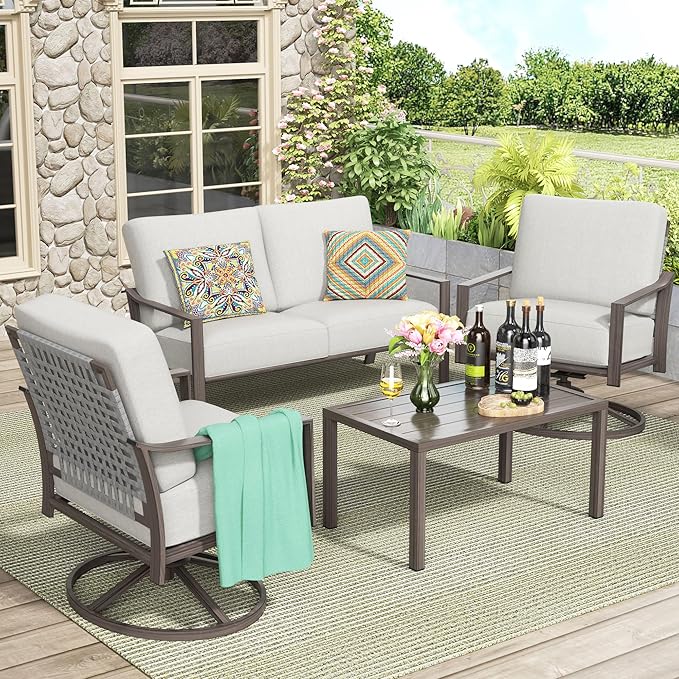 NATURAL EXPRESSIONS 4 Pieces Patio Furniture Sets, Modern Metal Outdoor Conversation Sets with High Back All Weather Hand-Woven Rope Rocking Swivel Chairs, Loveseat, Metal Table, 5.5" Thick Cushions