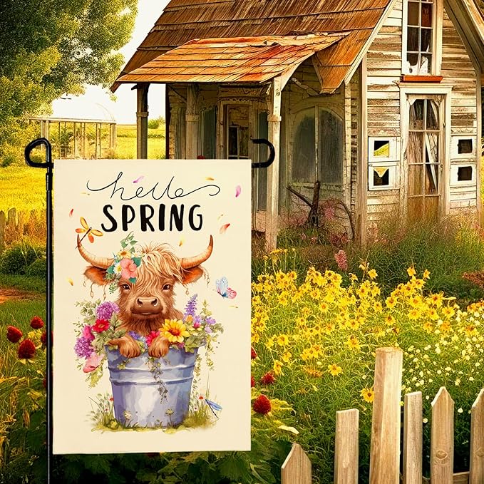 Hello Spring Garden Flag Highland Cow Polyester Yard Flag Double Sided Vertical 12x18 Inch Farmhouse Butterfly Floral Garden Flags Rustic Daisy House Banner for Seasonal Outdoor Decoration