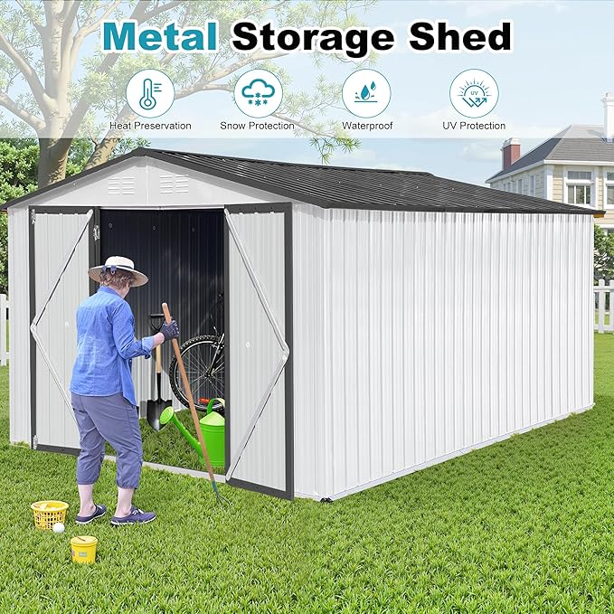 10x12 FT Outdoor Storage Shed, Metal Tool Shed with Lockable Doors & Peaked Roof, Garden Shed with Vented Design for Backyard Garden Patio Lawn, White+Gray