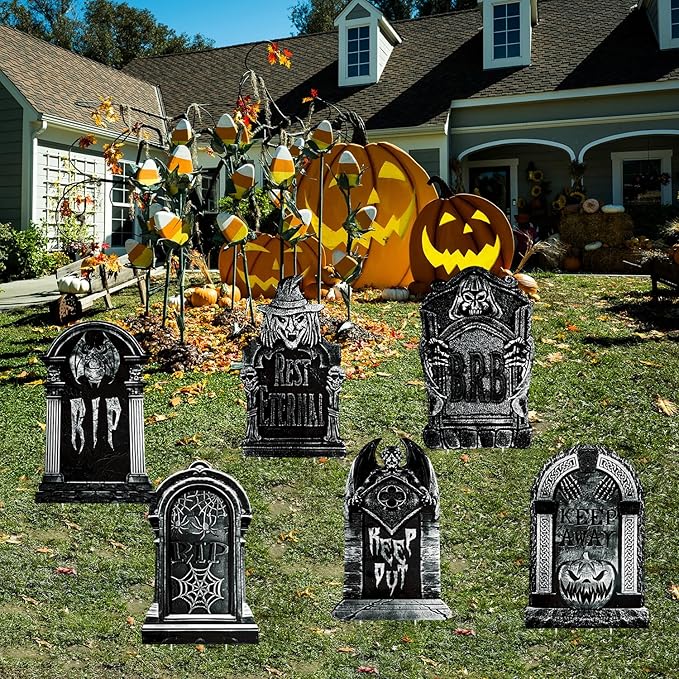 Halloween Gravestone Tombstones Yard Signs Decorations, Devil, Pumpkin, Bat, Spider, 6pcs 11.5”x16.93 Waterproof Halloween Graveyard for Home, Party, Cemetery Decor