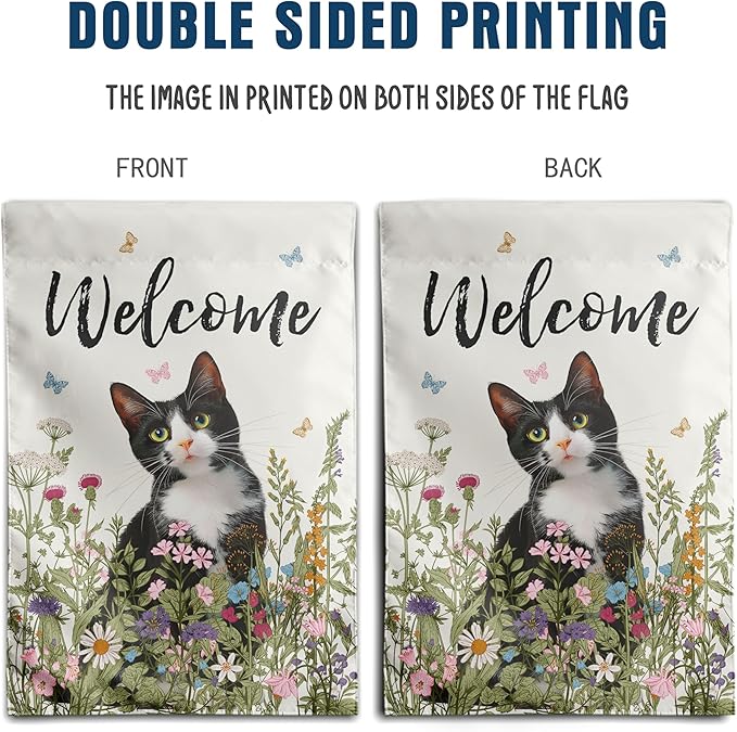 Spring Cat Garden Flag Floral Tuxedo Cat Garden Flags for Outside Summer Flower Outdoor Flag Small Farmhouse Welcome Yard Flag 12x18 Double Sided