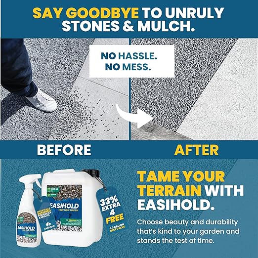 Easihold Gravel Binder 1.3 Gallon – Max Rock Glue for Pea Gravel & Stones. Long-Lasting Mulch Glue for Landscaping – Non-Toxic, Ready-to-Use Gravel Lockdown for Paths, Patios & Garden Borders