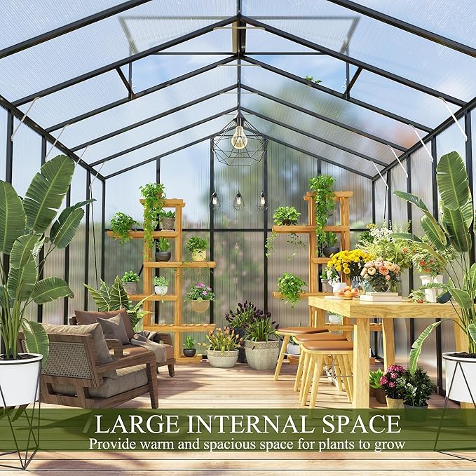 120*144*104in Greenhouse for Outdoors,Polycarbonate Greenhouse with Stronger Wind Protection and Roof Vent,Walk-in Large Aluminum Sunroom Winter Proof,Black