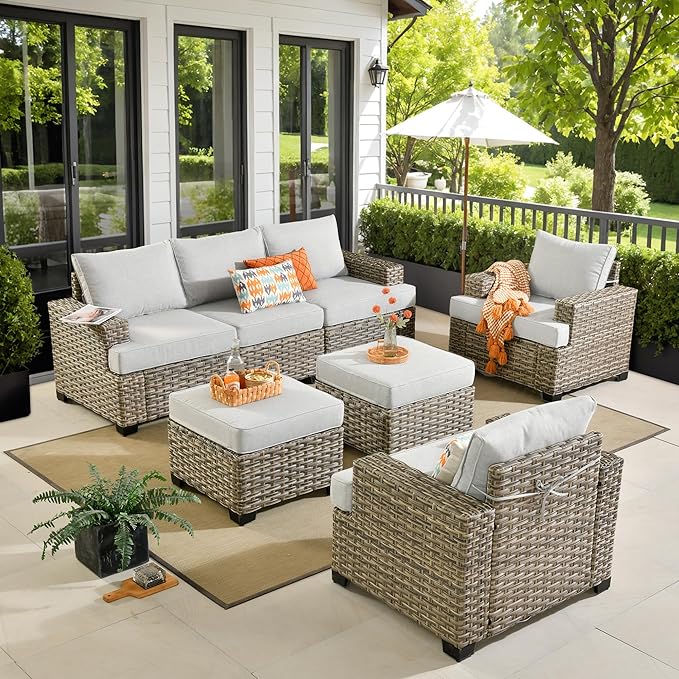 HOOOWOOO Outdoor Sectional Patio Furniture Set,7 Pieces Wicker Conversation Sets,Extra Deep Out Door Sofa Outside Furniture Couch with Ottoman,Light Gray