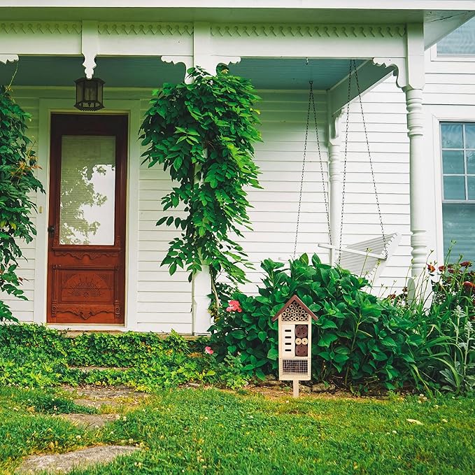 Lulu Home Wooden Insect House with Stake, Hanging & Inserting Two Mount Ways Insect Hotel for Bee, Butterfly, Ladybirds, Beneficial Insect Habitat, Bug Hotel Garden, 19.7 X 3.4 X 5.4 Inch