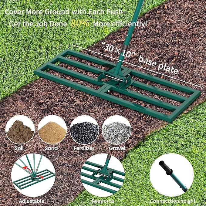 Lawn Leveling Rake Heavy Duty Stainless Steel Lawn Leveling Tool 30”x10” with 78” Adjustable Long Handle Leveling Rake for Soil,Ground,Backyard,Golf Field,Garden Tools Grass Seed Landscaping
