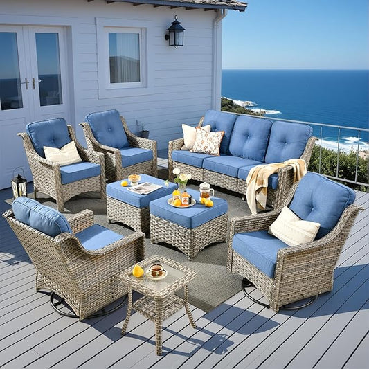 8 Pieces Patio Outdoor Furniture Set with Swivel Rocking Chairs,All Weather Wicker Rattan Patio Seating Sofa and Chair Set w/Ottoman,Outdoor Conversation Sets for Deck Yard Garden,Blue