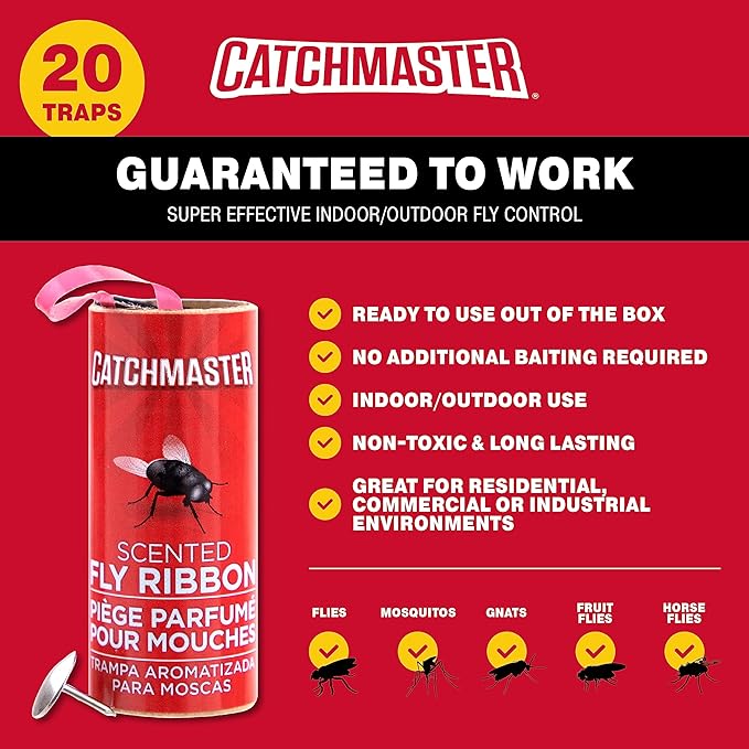 Catchmaster Fly Ribbon 20-Pack, Bug & Fruit Fly Traps Outdoor and Indoor, Premium Adhesive Sticky Strips & Gnat Hanging Strips, Bulk Scented Flying Insect Paper Rolls, Non Toxic Home Pest Control