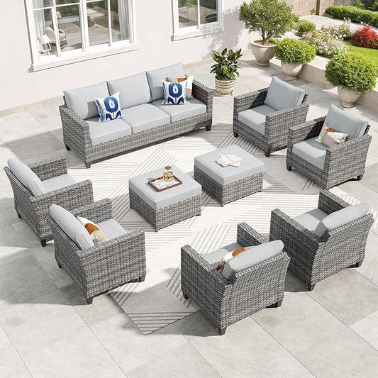 ovios Patio Furniture Set, 9 Pieces Outdoor Wicker Sofa Couch with 6 Chairs, Ottomans and Comfy Cushions, All Weather High Back Rattan Conversation Set, Grey