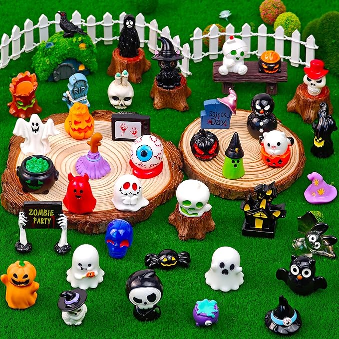 38 Pcs Halloween Mini Resin Figures Tiny Little Pumpkin Ghost Skull Miniature Figurines Bulk for Halloween Party Micro Landscape Fairy Garden Decor