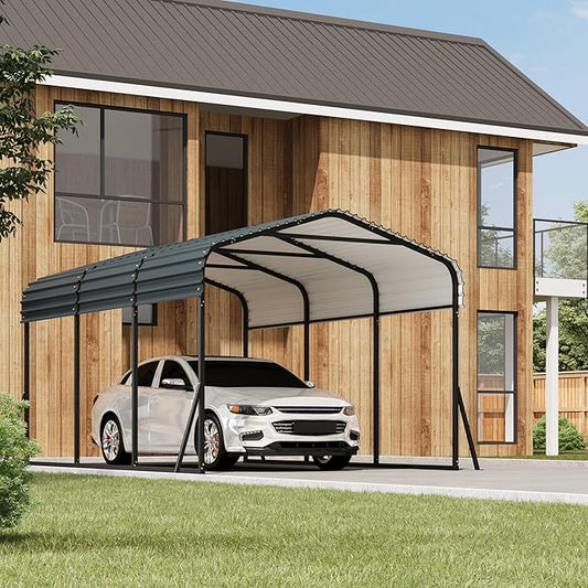 10' x 15' Heavy Duty Metal Carport with Galvanized Steel Roof, Tall Metal Carport Kits Garage for Tractors, Trucks, Boats, Cars, Heavy Duty Metal Roof Carport with Enhanced Base