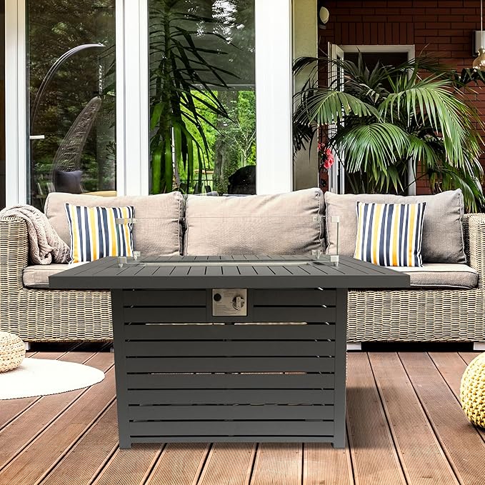 Rectangle Propane Fire Pit Table: 43'' Patio Gas Fire Table 50000 BTU - Rustproof Aluminum Tabletop Firepit Wind Guard Glass Beads - Outdoor Heating for Dining Party Garden Deck - Dark Gray