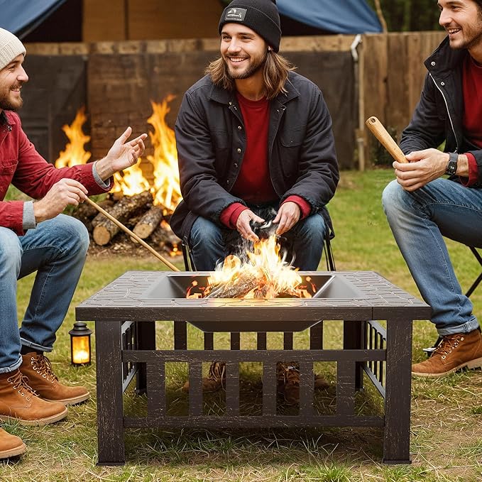 Flamaker Outdoor Fire Pit 32 Inch Firepit Tables Backyard Mutifunctional Square Metal Stove Wood Burning with Cover Poker for Patio, Camping, Bonfire (Copper)