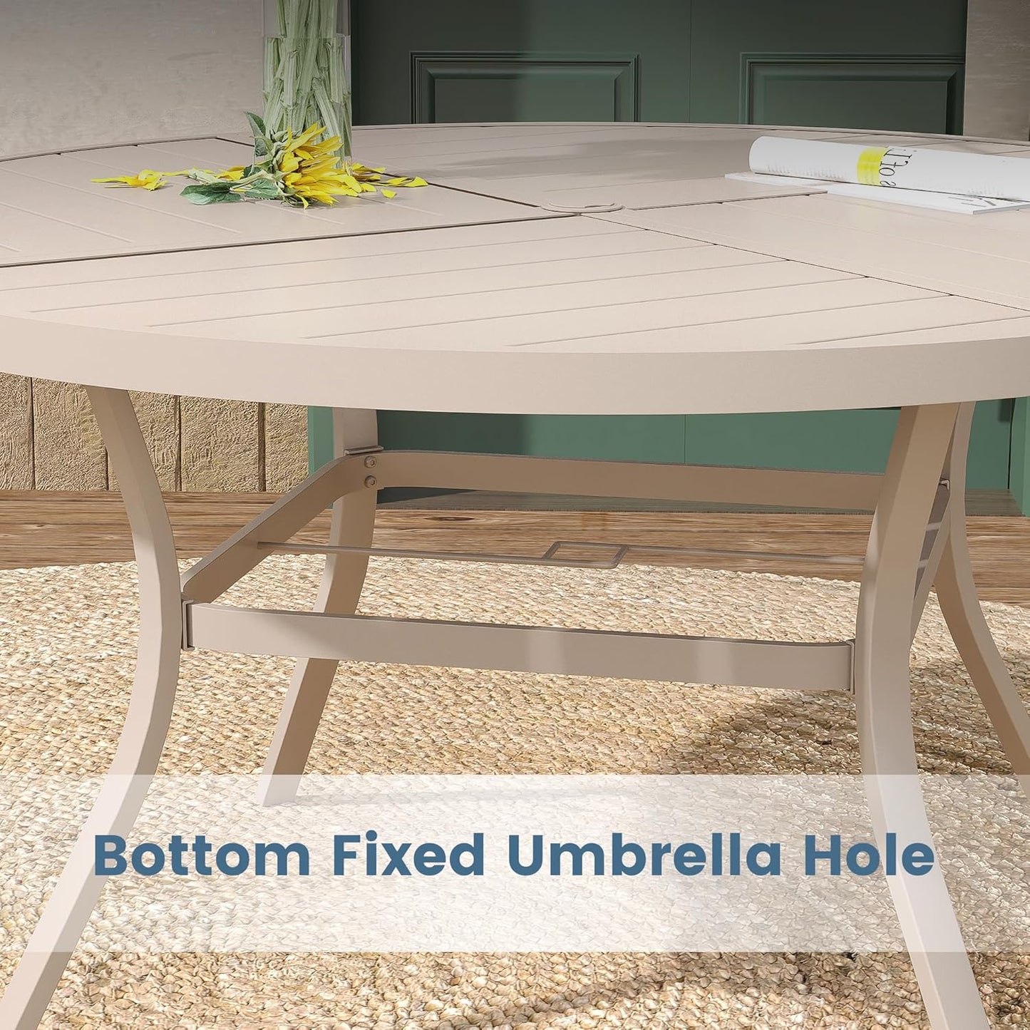 DIFY 53.1" Round Outdoor Patio Dining Table for 6-8, All-Weather Metal Steel Slatted Patio Table with 1.57" Adjustable Umbrella Hole, for Lawn Garden Porch Backyard, Sandshell