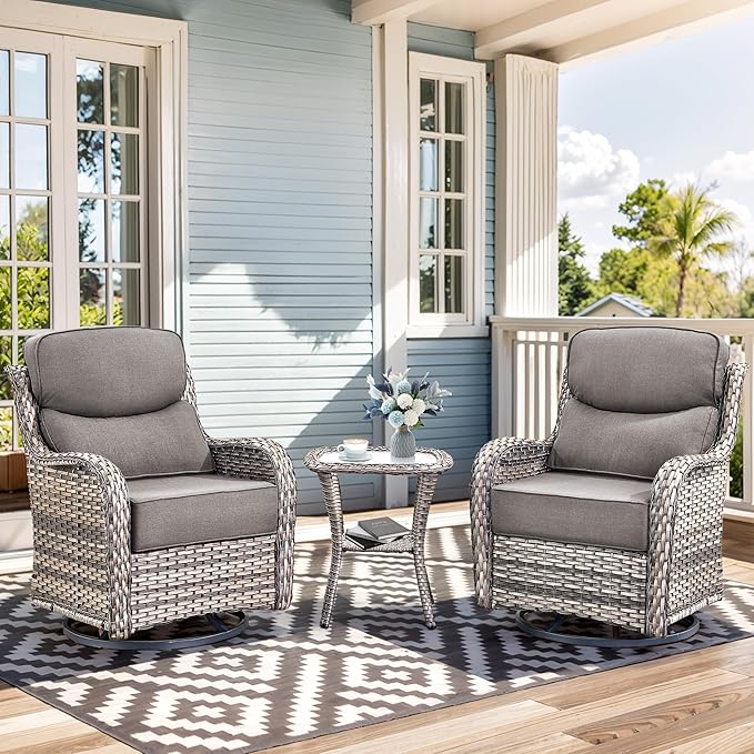 Luxury High Back Outdoor Swivel Rocker Patio Chairs with Side Table & 6-Inch Thick Cushions, 3 Pieces Patio Furniture Set for Porch, Balcony, Deck and Yard