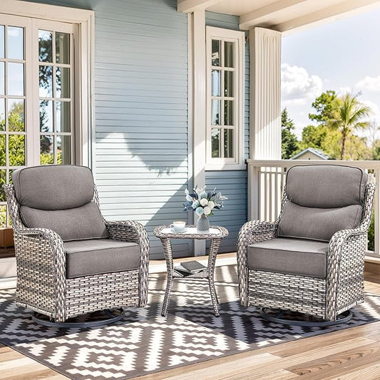 Luxury High Back Outdoor Swivel Rocker Patio Chairs with Side Table & 6-Inch Thick Cushions, 3 Pieces Patio Furniture Set for Porch, Balcony, Deck and Yard