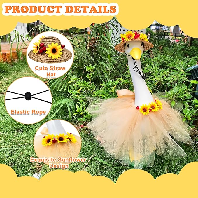 Large White Goose Statues Cygnus, Cute Big Bird Decor Garden Sculpture with Sunflower Outfits and Hat Duck Figurine Indoor Outdoor Porch Backyard Pool Lawn Ornaments 19’’ Birthday Holiday Decorations