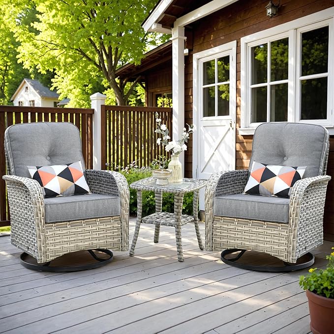 HOOOWOOO Outdoor Patio Bistro Set,3 Pieces Wicker Out Door Swivel Rocking Chair with Matching Side Table,Patio Furniture Sets,Charcoal Gray