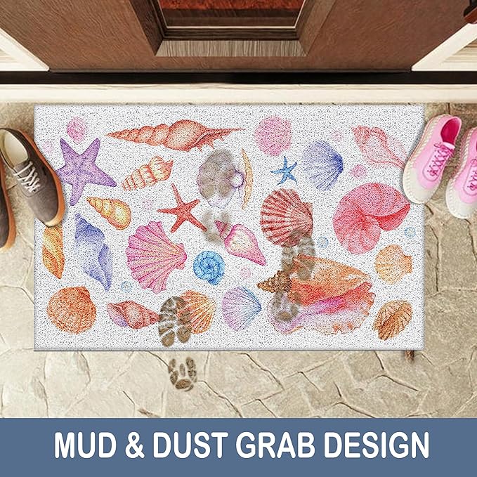 Seashell Beach Door Mat, Coastal Preppy Beach Doormat Non-Slip for Front Door Porch Indoor Outside Entrance Entryway, Nautical Shell Starfish Beachy Welcome Mat, 17x30 Inch