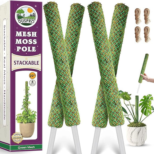 Duspro Green Stackable Mesh Moss Pole for Climbing Vines, Supporting Monstera Trellis, Extendable Plant Pole Moss Sticks, Potted Plant Stakes (4 Pack, 71'')