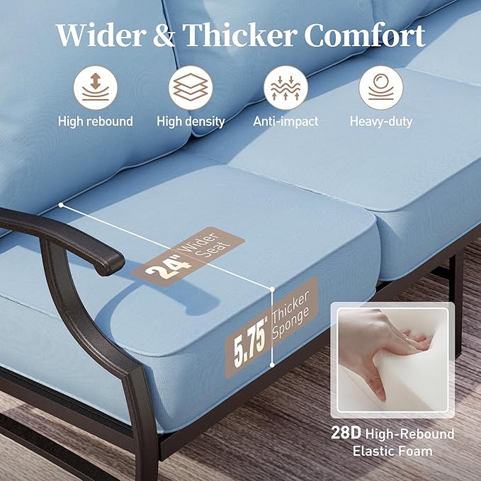 5 Piece Metal Outdoor Patio Furniture Set with Fire Pit Table, Patio Conversation Sets 4 Fixed Chairs with 5.75" Thick Cushion and 5000 BTU Fire Pit Table, Backyard Furniture, Blue