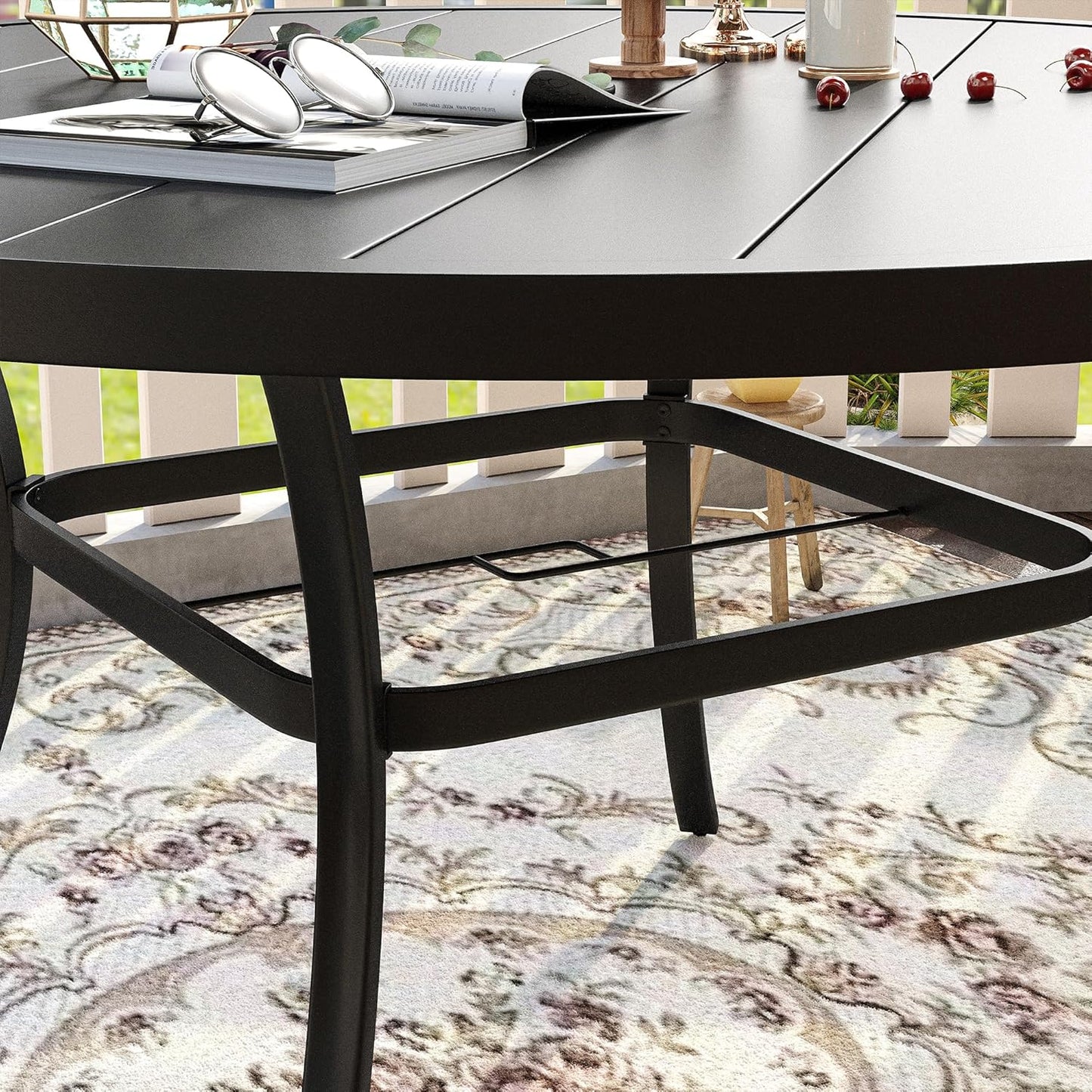 VICLLAX Patio Dining Set for 8, Outdoor Furniture Set Includes 53" Round Patio Table and 8 Patio Sling Chairs, Black Tabletop and Grey Fabric