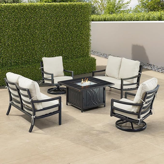 Oakland Living Black Aluminum Patio Fire Table Set with Two Deep Seating Loveseat with Cushions and Two Club Chairs with Light Grey Cushions