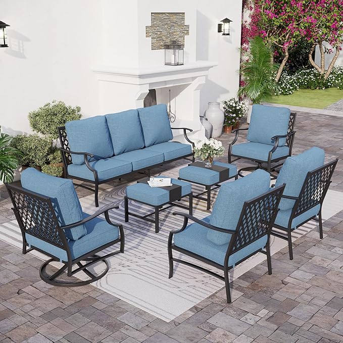 7 Piece Metal Outdoor Patio Furniture Set, Patio Conversation Sets 1 3-seater Sofa, 2 Fixed Chairs, 2 Swivel Chairs, 2 Ottomans with 5.75" Thick Cushion, Black Backyard Furniture, Navy