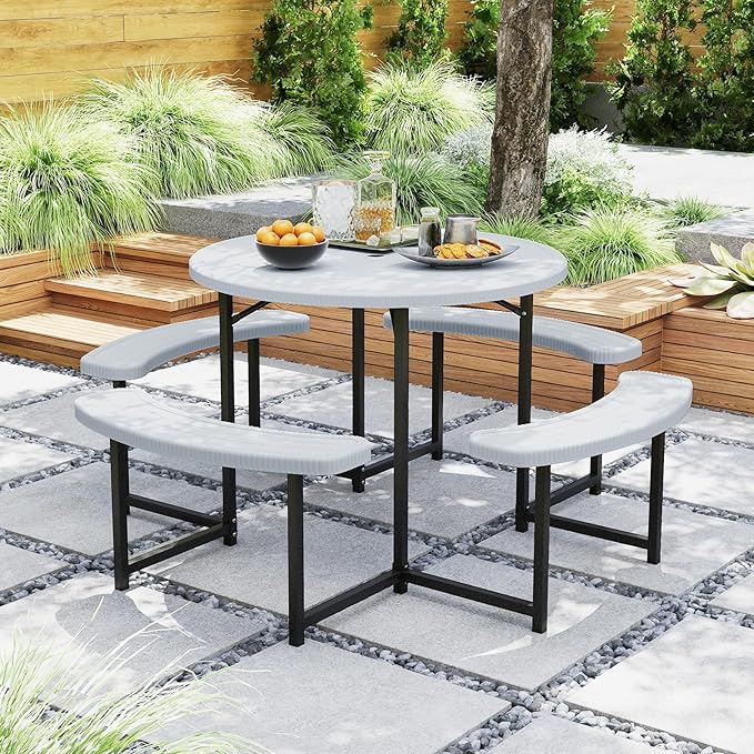 Giantex Picnic Table Bench Set for 4-8 Person, Round 37” Outdoor Dining Table w/Umbrella Hole, HDPE Tabletop, Metal Frame, Patio Furniture Set for Backyard Porch Lawn, 1400lb Capacity (White,Round)